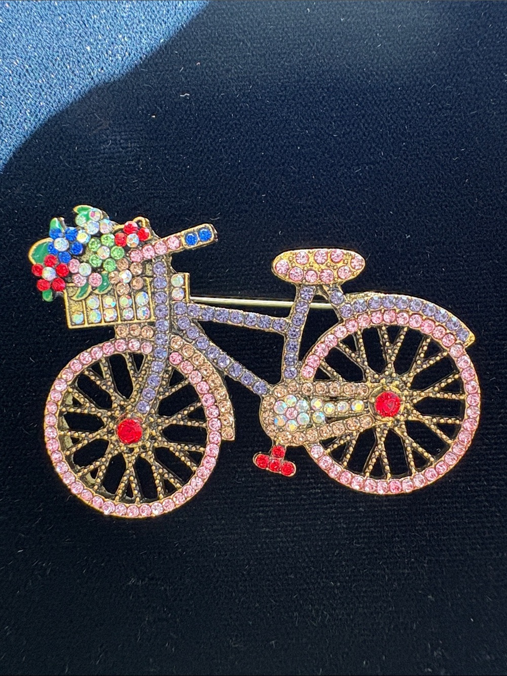 Crystal Bicycle Brooch Pin - Pink Multicolor Accent